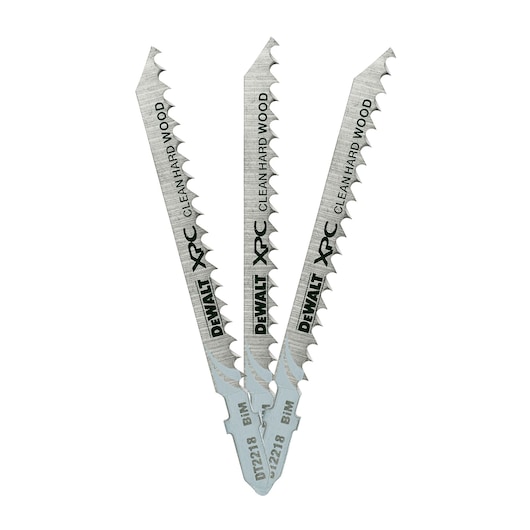 Three DEWALT DT2218 jigsaw blades for clean hard wood cuts, shown fanned out on a white background.