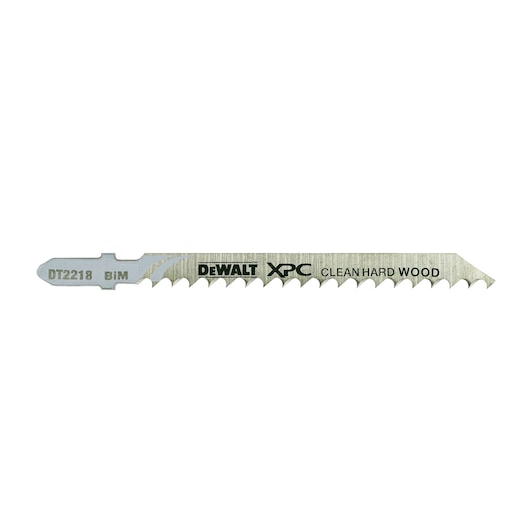 DEWALT DT2218 jigsaw blade for clean, hard wood cuts. Silver, labeled XPC. Photography product image.