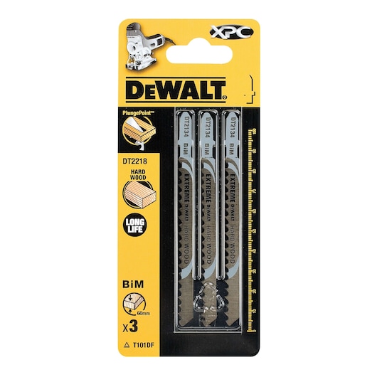 DEWALT DT2218 pack of 3 jigsaw blades for hardwood, BiM, 60mm, in yellow and black packaging.