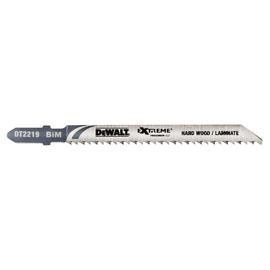 DEWALT DT2219 jigsaw blade for hard wood and laminate with sharp teeth and precision cut label.