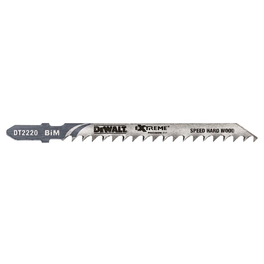 DEWALT DT2220 jigsaw blade for speed cutting in hard wood, labeled BiM Extreme Precision Cut.