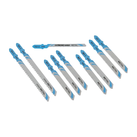 Set of DEWALT DT2292 metal jigsaw blades with blue tips, arranged in a row on a white background.