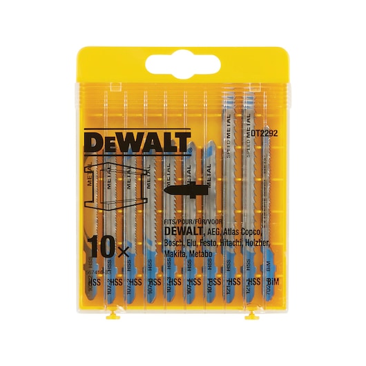 DEWALT DT2292 set with 10 metal jigsaw blades in a yellow transparent case.