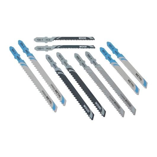 A set of assorted DEWALT jigsaw blades arranged on a white background, designed for cutting wood and metal. The blades feature various shapes and teeth patterns for different cutting applications.