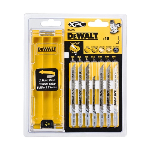 DEWALT DT2296 jigsaw blade set, 10 blades in two-sided yellow case for wood and plastics.