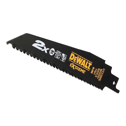 DEWALT DT2300L Extreme reciprocating saw blade for wood, black, with logos and specifications visible.