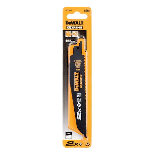 DEWALT DT2300L Extreme 152mm saw blade for wood and nails in yellow and black retail packaging.