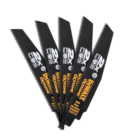 Set of five DEWALT DT2301L EXTREME reciprocating saw blades, black with yellow branding, fanned out.