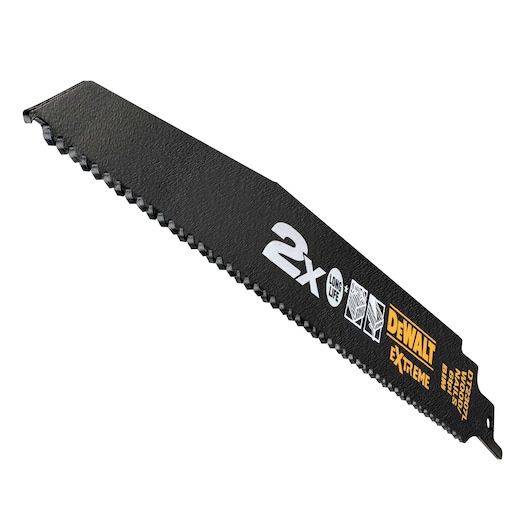 DEWALT DT2307L black reciprocating saw blade with extreme branding and toothed edge.