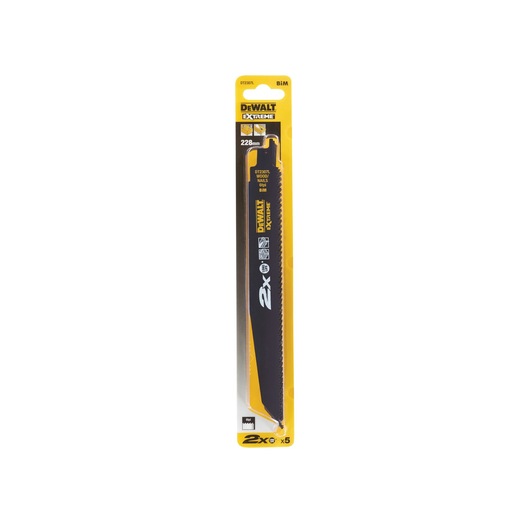 DEWALT DT2307L saw blade in yellow and black packaging, 228mm length. Designed for cutting wood and metal.