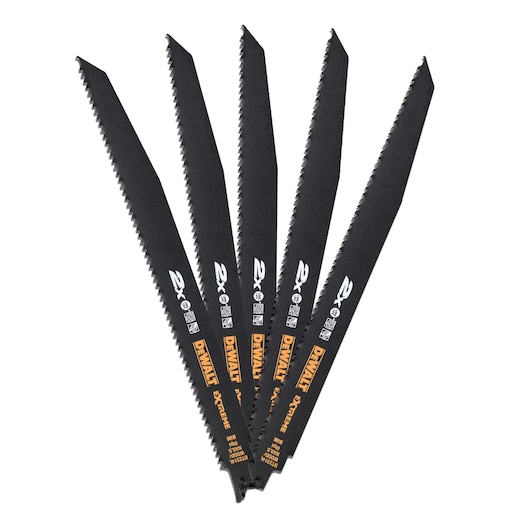 Five DEWALT DT2314L black reciprocating saw blades with yellow branding, arranged in a fan shape.