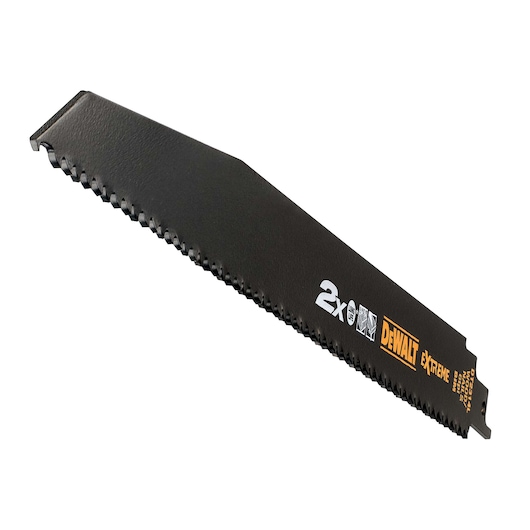 DEWALT DT2314L extreme reciprocating saw blade, black, with serrated edge and logo on side.