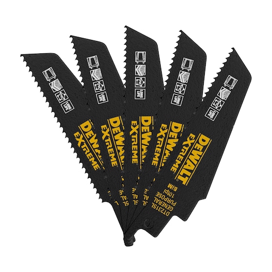 Five black DEWALT Extreme saw blades fanned out, showing labels and icons for multipurpose cutting.