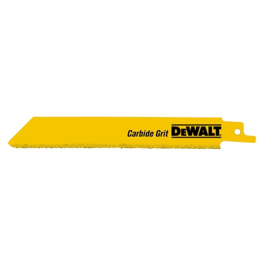 DEWALT carbide grit reciprocating saw blade, yellow, rectangular shape, DT2332, used for cutting tough materials.