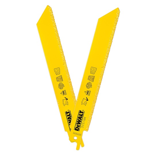 Two yellow DEWALT DT2332 reciprocating saw blades with grit edges and material symbols for cutting.