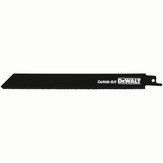 A black DEWALT carbide grit reciprocating saw blade, DT2333, suitable for cutting tough materials.