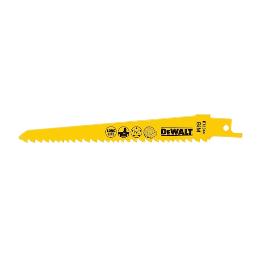 Yellow DEWALT DT2344 saw blade for reciprocating saws, suitable for cutting PVC and wood. BIM, long life.