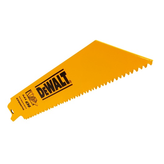 Yellow DEWALT saw blade with jagged edge, model DT2345, shown on white background.