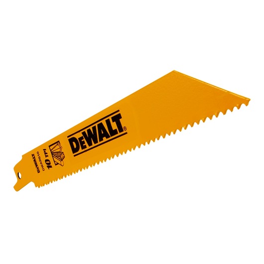 DEWALT DT2345 yellow saw blade with jagged teeth, used for cutting, shown on white background.