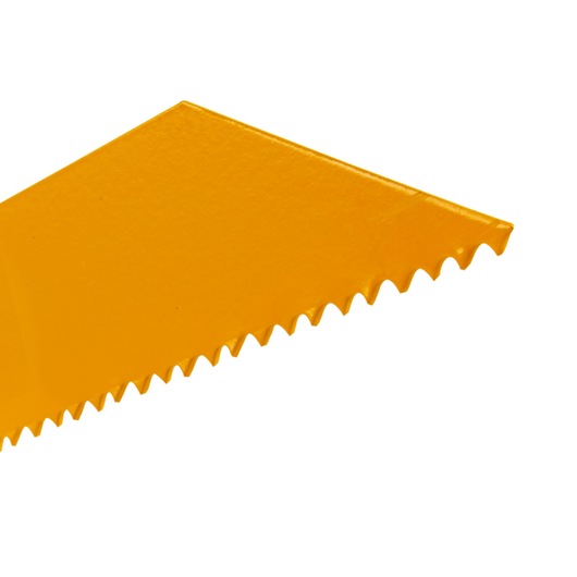 Close-up of a yellow saw blade with sharp teeth, suitable for cutting materials.