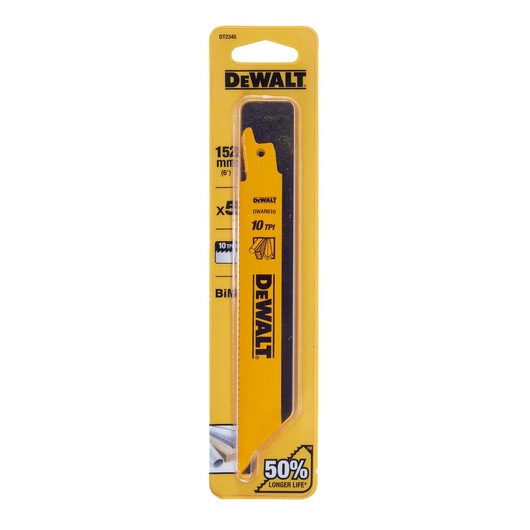 DEWALT DT2345 saw blade in yellow packaging, 152mm, 10 TPI, claims 50% longer life.
