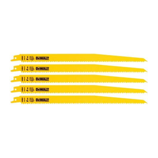Set of five yellow DEWALT reciprocating saw blades, arranged in a row on a white background.