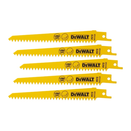 Four yellow DEWALT DT2356 reciprocating saw blades labeled 'LONG LIFE' and 'BIM', arranged in a row.