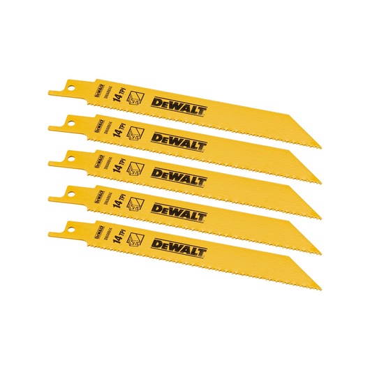 Five yellow DEWALT DT2361 reciprocating saw blades with pointed tips, labeled 14 TPI for cutting metal.