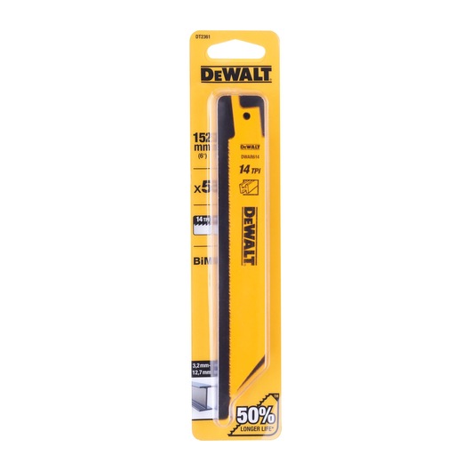 DEWALT DT2361 saw blade in yellow packaging, 152mm size, 14 TPI, suitable for metal cutting.