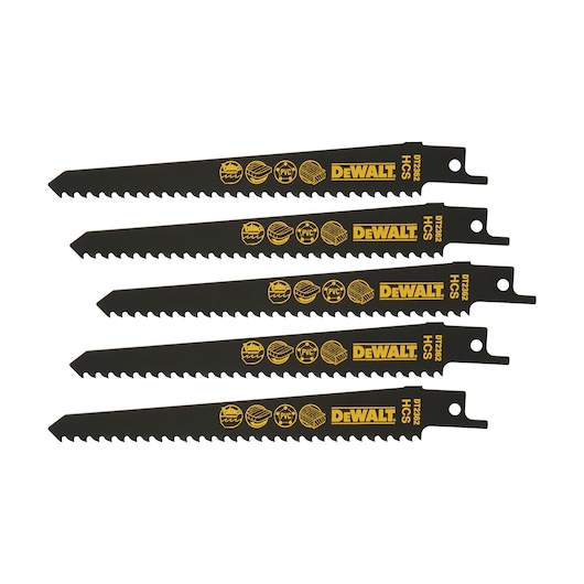 Five DEWALT DT2362 black reciprocating saw blades for wood and PVC, shown side by side.