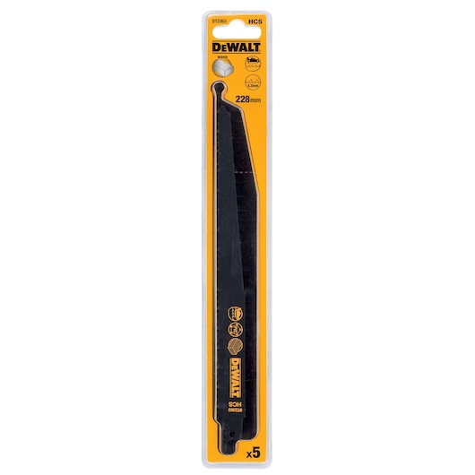 DEWALT DT2363 wood saw blade, 228mm, HCS, 5-pack in yellow packaging.