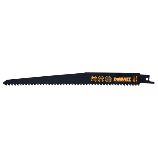 DEWALT DT2363 HCS reciprocating saw blade for wood and PVC, black with yellow branding and sharp teeth.