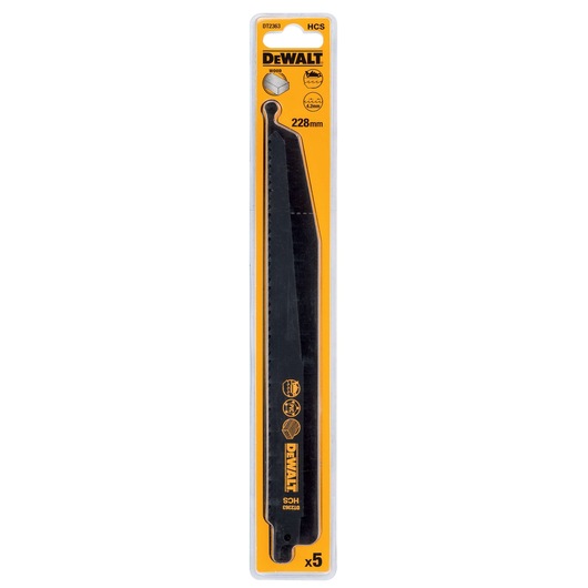 DEWALT DT2363 pack of five wood cutting reciprocating saw blades, 228mm, in yellow and black packaging.