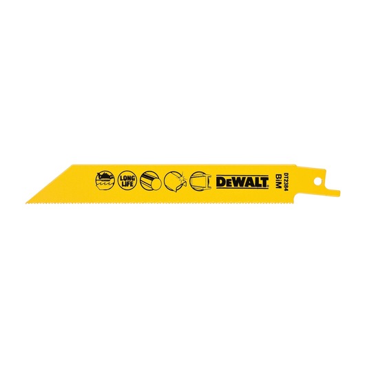 Yellow DEWALT DT2384 reciprocating saw blade with icons and branding, designed for metal cutting.
