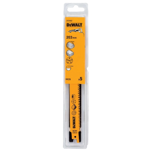 DEWALT DT2402 pack of 5 saw blades, 203mm, for cutting wood and PVC, shown in yellow branded packaging.
