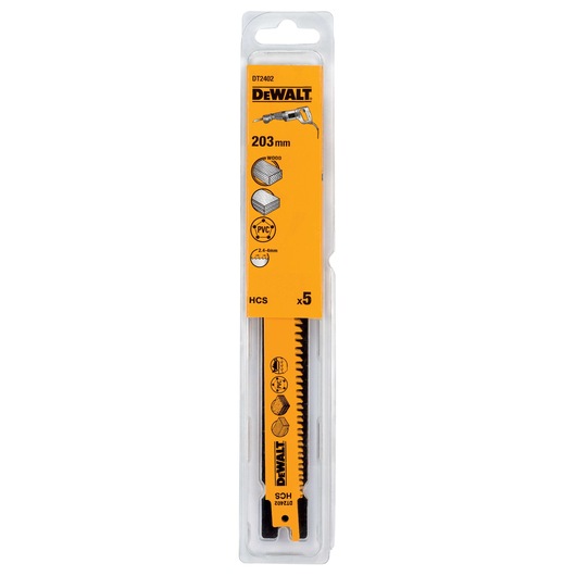 DEWALT DT2402 pack of 5 reciprocating saw blades, 203mm, for wood, PVC, and plastic, in clear packaging.