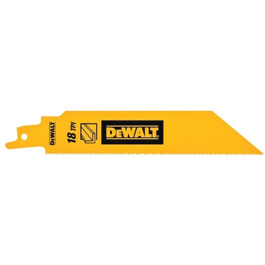 DEWALT DT2404 yellow saw blade with 18 TPI, designed for cutting materials efficiently.
