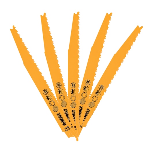 Five DEWALT DT2406 yellow reciprocating saw blades fanned out, suitable for wood cutting applications.
