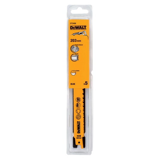 DEWALT DT2406 203mm saw blade pack for wood, nails, metal. Contains 5 blades in clear and yellow packaging.