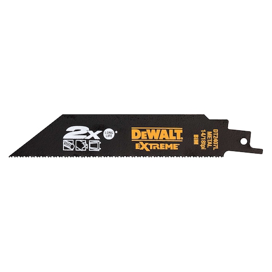 DEWALT Extreme metal saw blade DT2407L with serrated edge and product details printed on black surface.