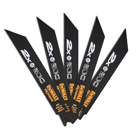 Set of five black DEWALT DT2408L reciprocating saw blades with printed icons and text.