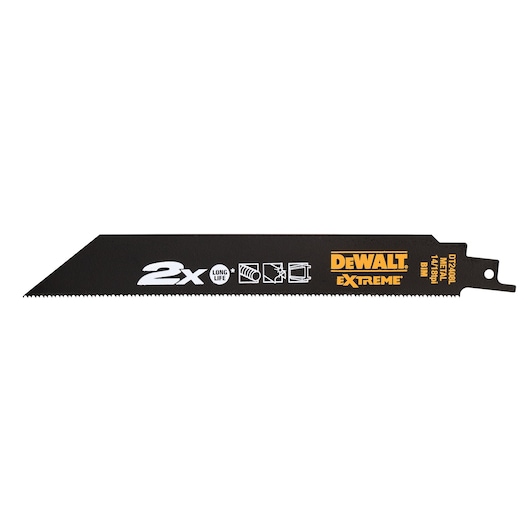 A DEWALT Extreme DT2408L reciprocating saw blade, black in color with white and yellow branding and symbols, designed for cutting metal.