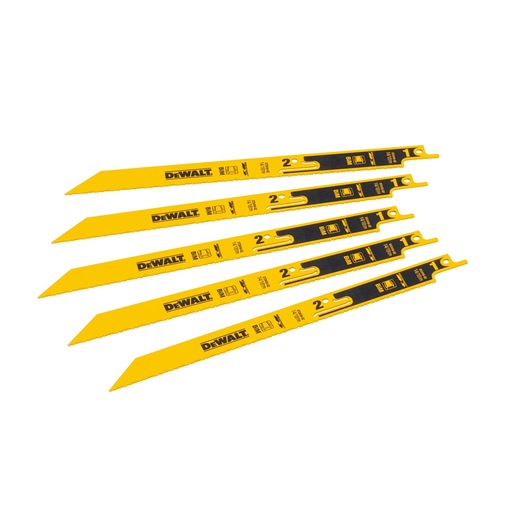 Five yellow DEWALT reciprocating saw blades, arranged side by side on a white background.