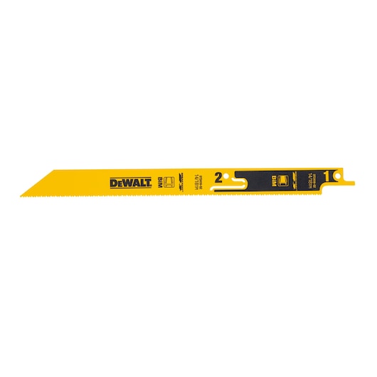 Yellow DEWALT DT2416 reciprocating saw blade for wood and metal, slim and toothed.