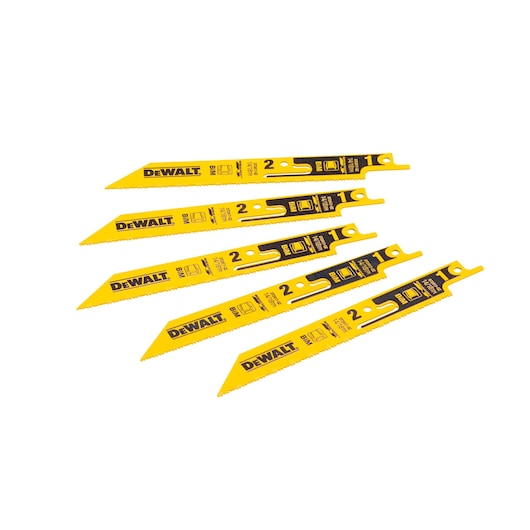 Set of five yellow DEWALT reciprocating saw blades with printed details, arranged in a fan shape on white background.