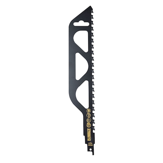 DEWALT DT2421 black reciprocating saw blade with jagged teeth for cutting wood or metal.