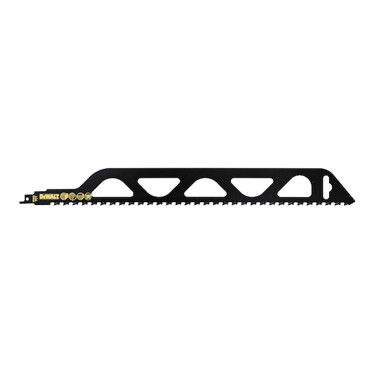 A DEWALT DT2422 black reciprocating saw blade with angled teeth and cutout design, displayed on a white background.