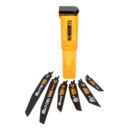 Set of six black DEWALT reciprocating saw blades displayed in front of a transparent yellow DEWALT storage case with a black lid.