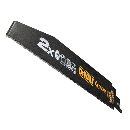 DEWALT DT2440L black reciprocating saw blade with Extreme branding and icons for cutting metal and PVC.