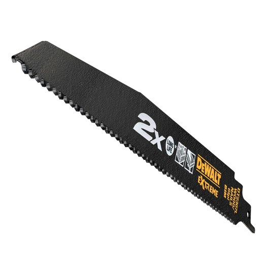 DEWALT DT2441L black reciprocating saw blade with logos and product info printed on it.